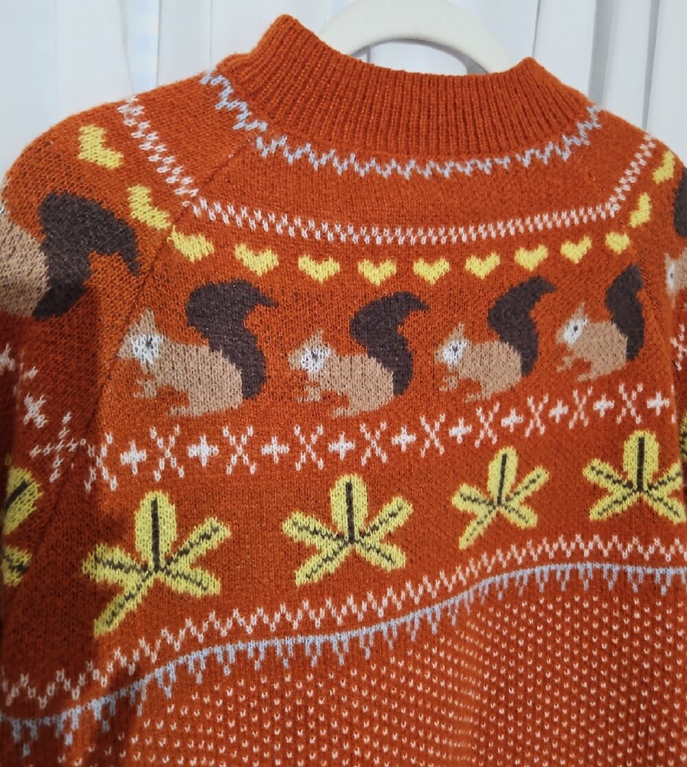 Autumn Woodland Squirrel Fair Isle Knit Sweater - Cozy Fall Cotttagecore - M - Picture 2 of 5